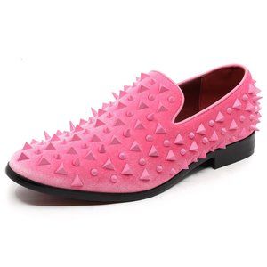 Pink Men's Spiked Designer Classic Smoking Dress Tuxedo Loafers Slip On Shoes